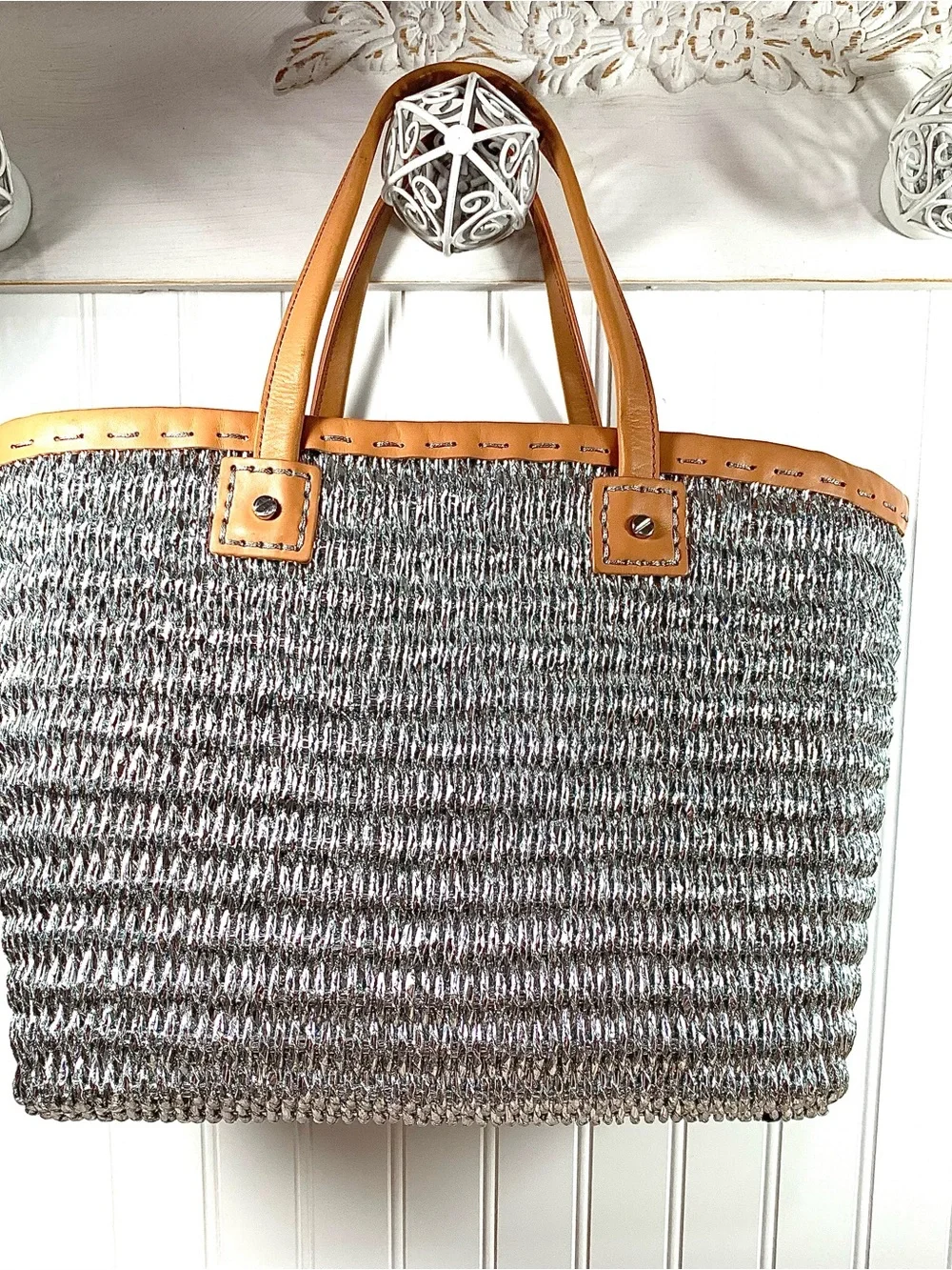 Tory Burch Woven Metallic Tote with Tan Leather Trim Beautiful NWOT